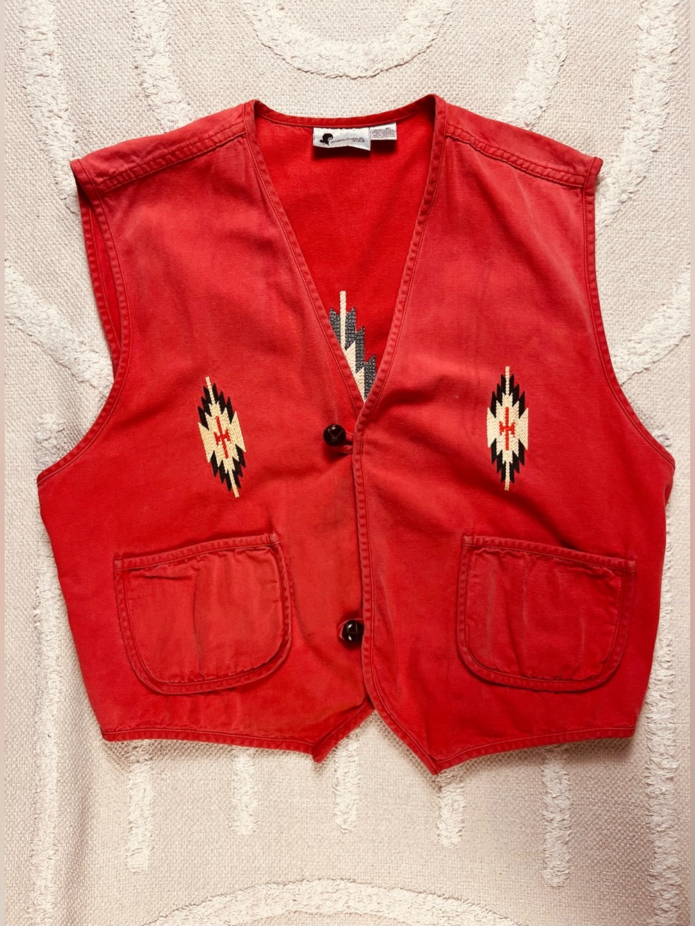 Vintage Southwestern Cotton Vest – Faded Red Geometric Chimayo-Inspired – Size L